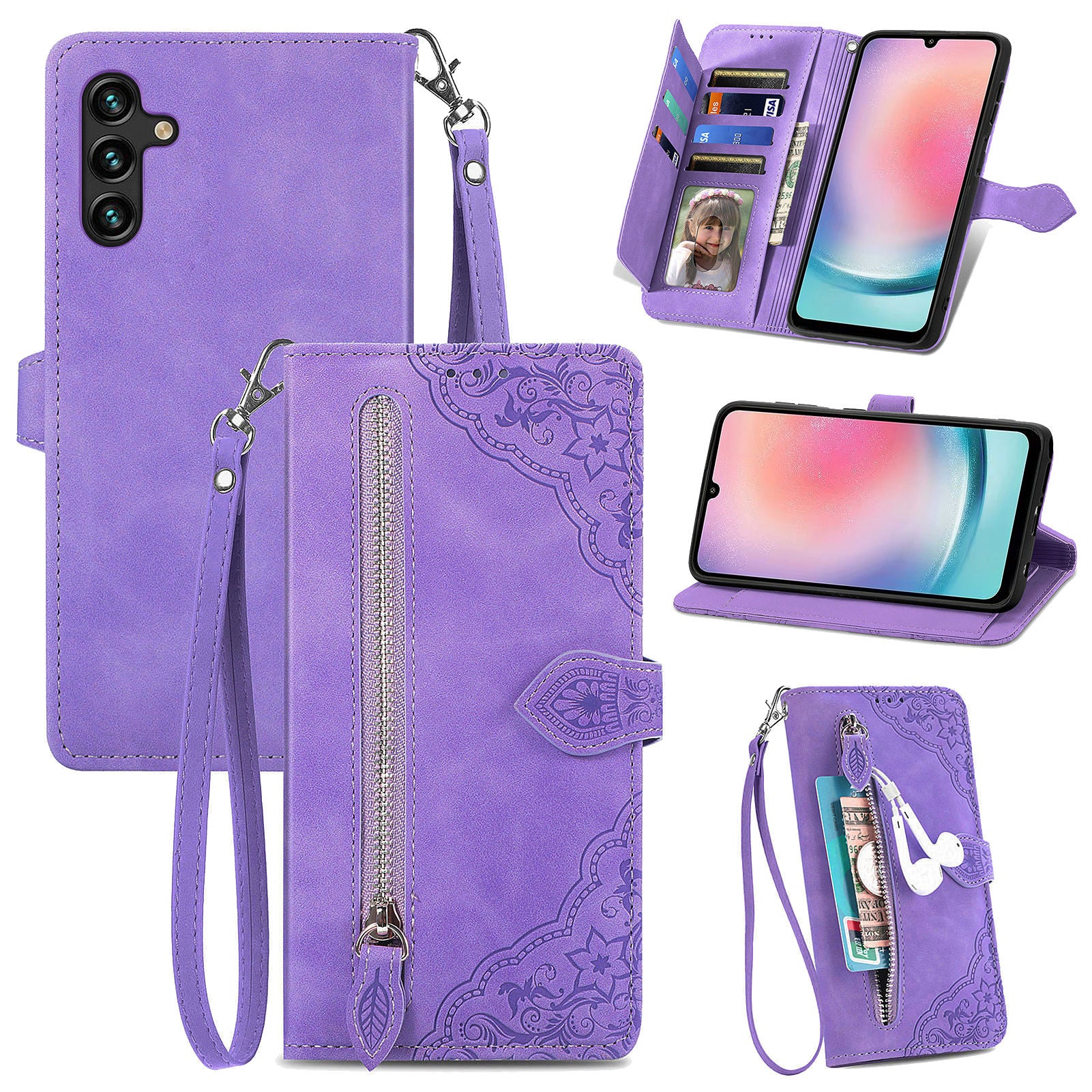 For Samsung Galaxy A24 4G Zipper Pocket Stand Case PU Leather Wallet Flower Imprinted Phone Cover For Samsung Galaxy A24 4G Zipper Pocket Stand Case PU Leather Wallet Flower Imprinted Phone Cover